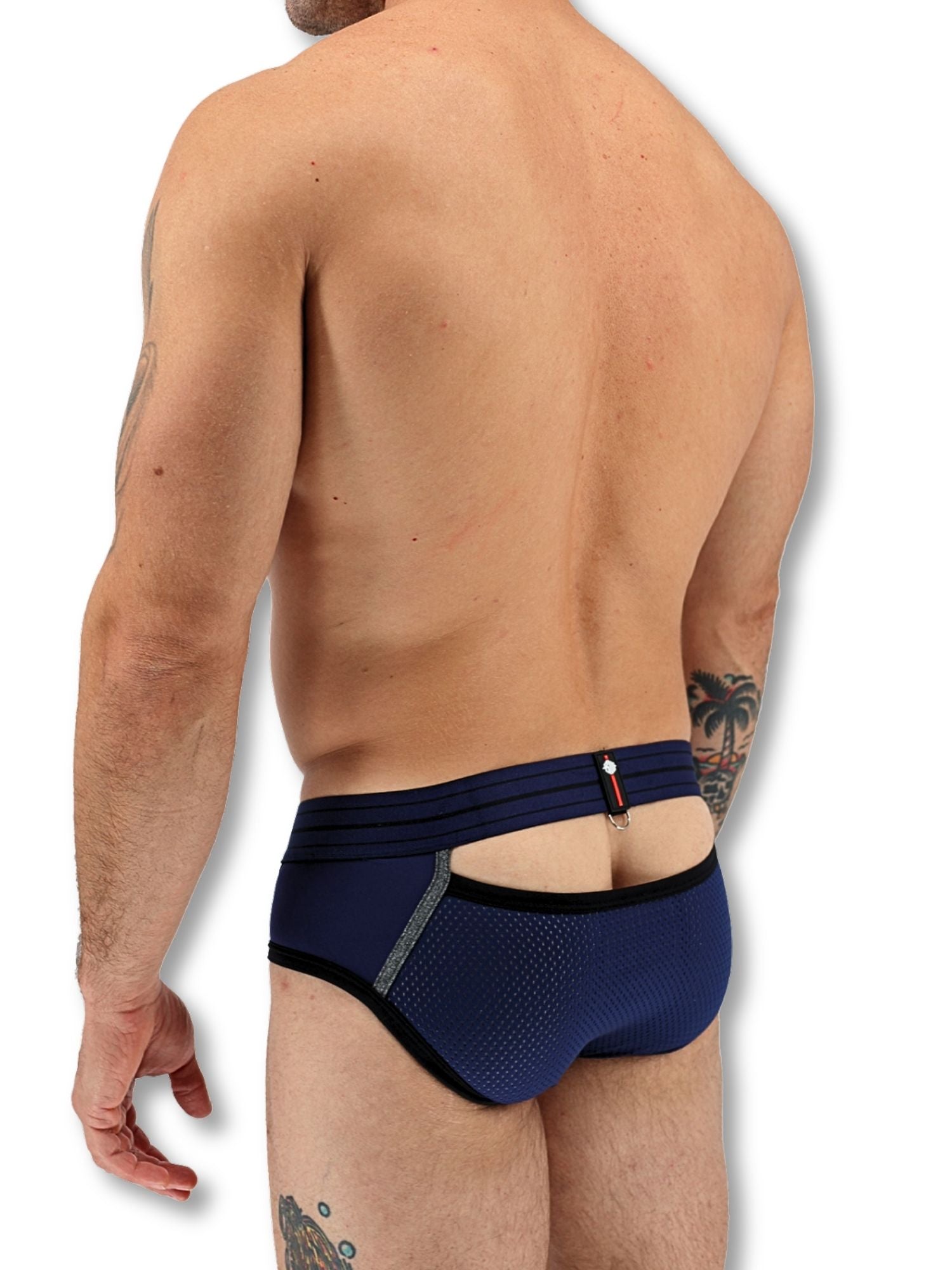 Man wearing a blue men's underwear on a white background