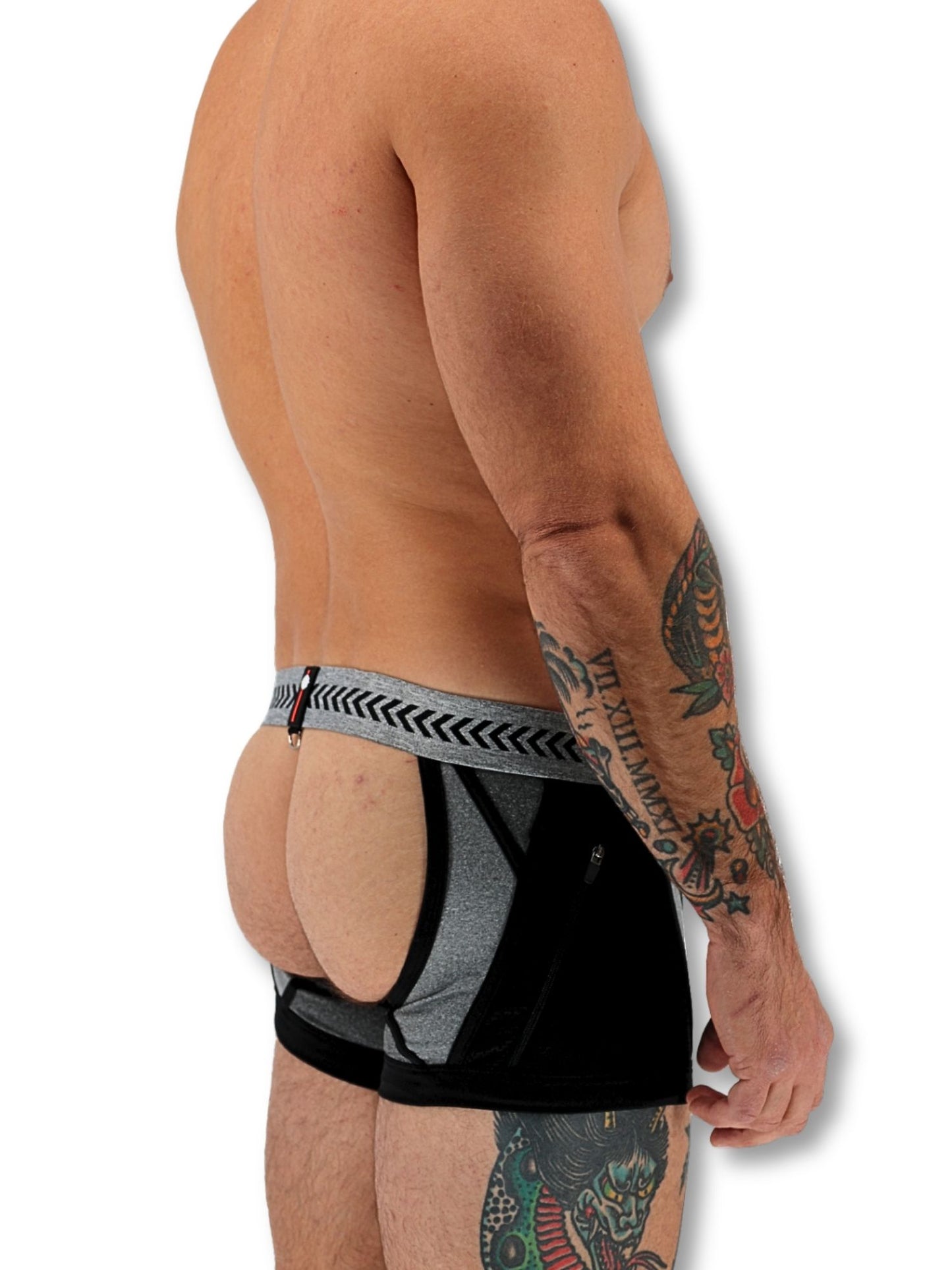 Man wearing black and gray underwear with a white background