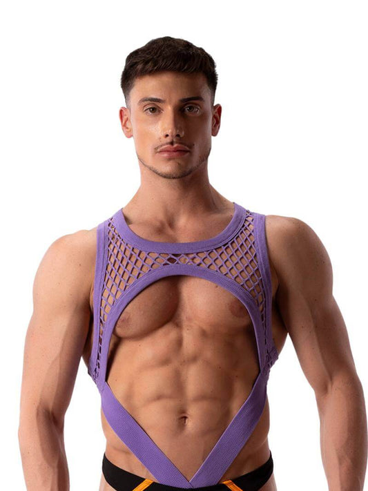 A male model wearing a purple mesh clubwear tank harness with a fishnet design.