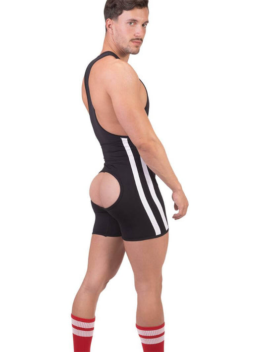 A man wearing a black Barcode Berlin backless singlet with white stripes and a low-cut neck.