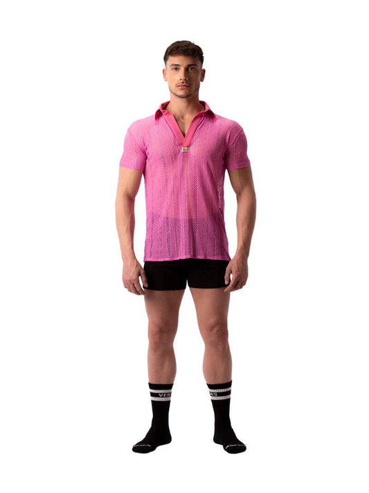 A model wearing a semi-see-through black lace polo shirt with a collard v-neck and short sleeves.