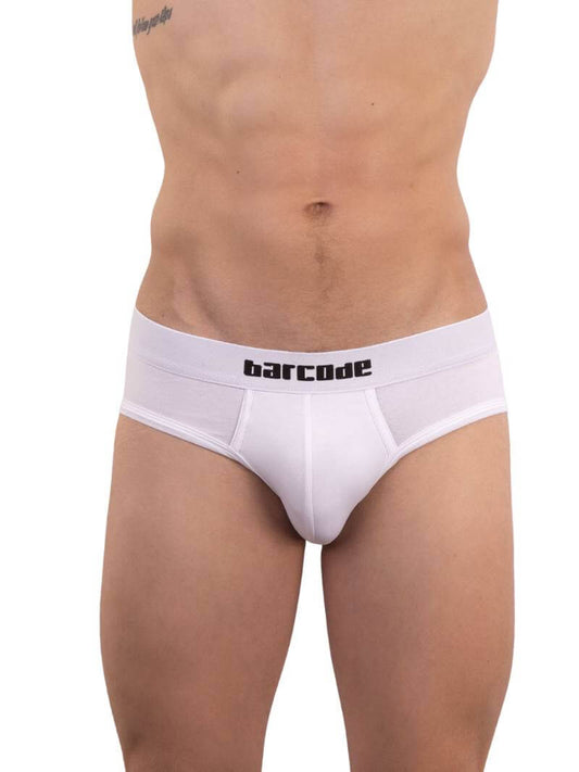 A model wearing a yellow cotton Barcode Berlin Helios backless brief with the brand's logo on the waistband.