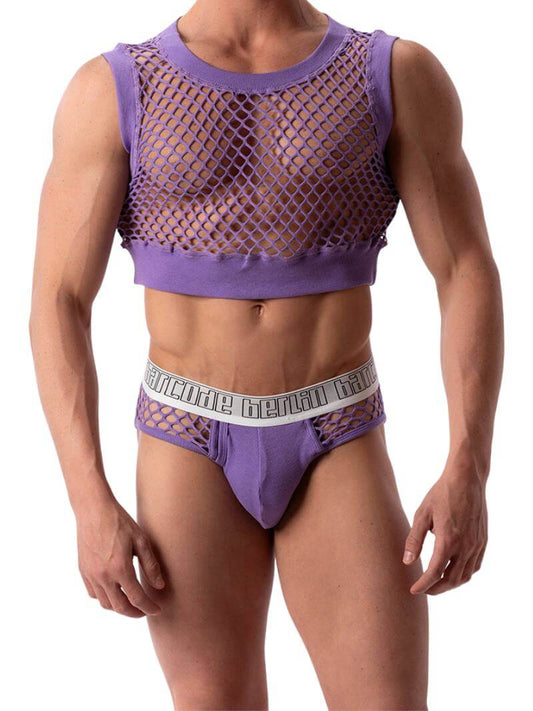 A model wearing a pruple Barcode Berlin mesh brief with a low-rise waist and branded waistband.