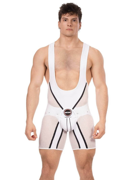 Man wearing a white wrestling singlet with black accents on a white background