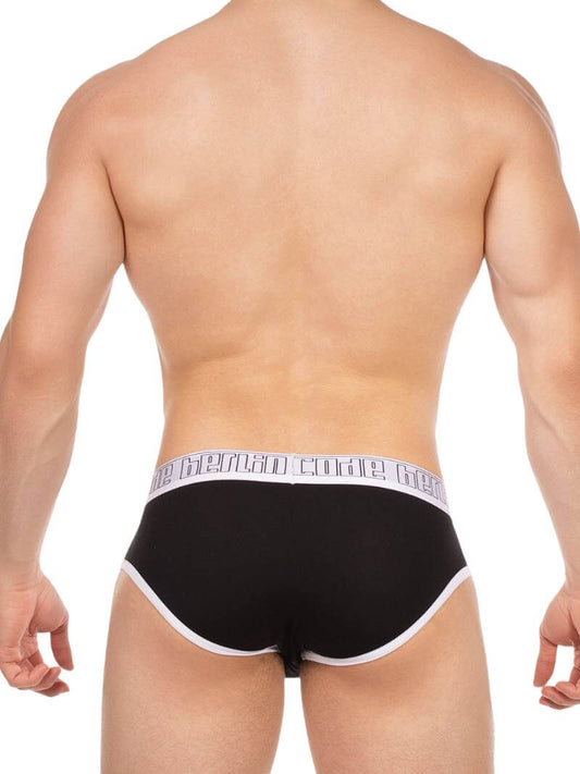 Black men's underwear with white trim on a plain background