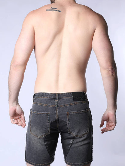 CellBlock13 Saddleback Stretch Fit Denim Shorts with Leatherett Saddle Panels & Side Tape