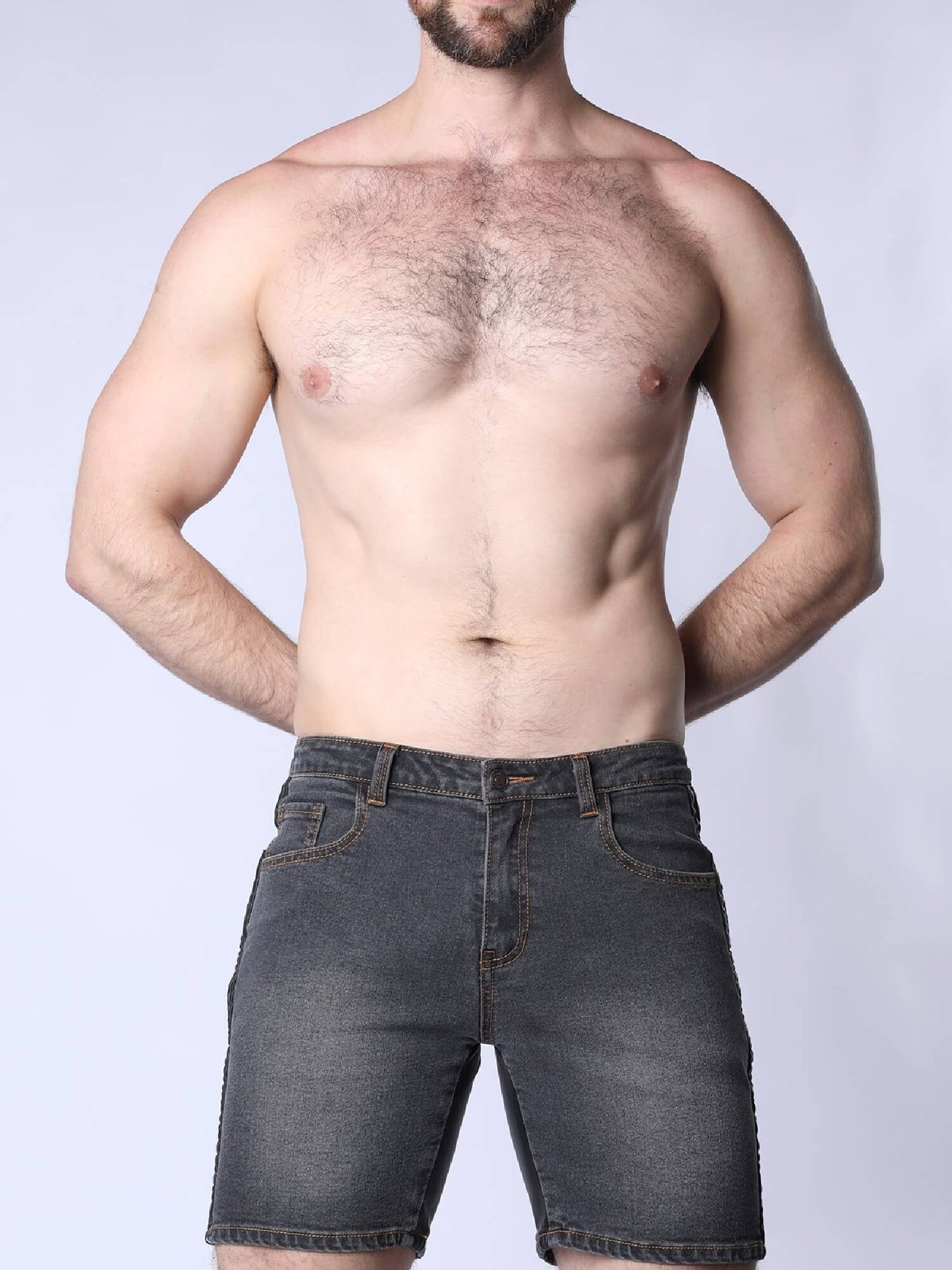 CellBlock13 Saddleback Stretch Fit Denim Shorts with Leatherett Saddle Panels & Side Tape