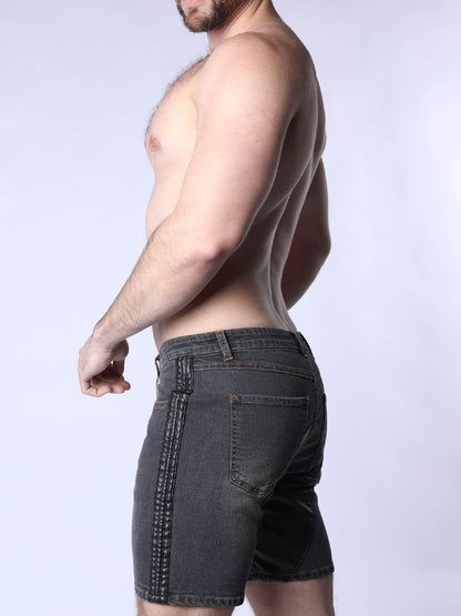 CellBlock13 Saddleback Stretch Fit Denim Shorts with Leatherett Saddle Panels & Side Tape