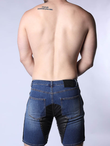 CellBlock13 Saddleback Stretch Fit Denim Shorts with Leatherett Saddle Panels & Side Tape