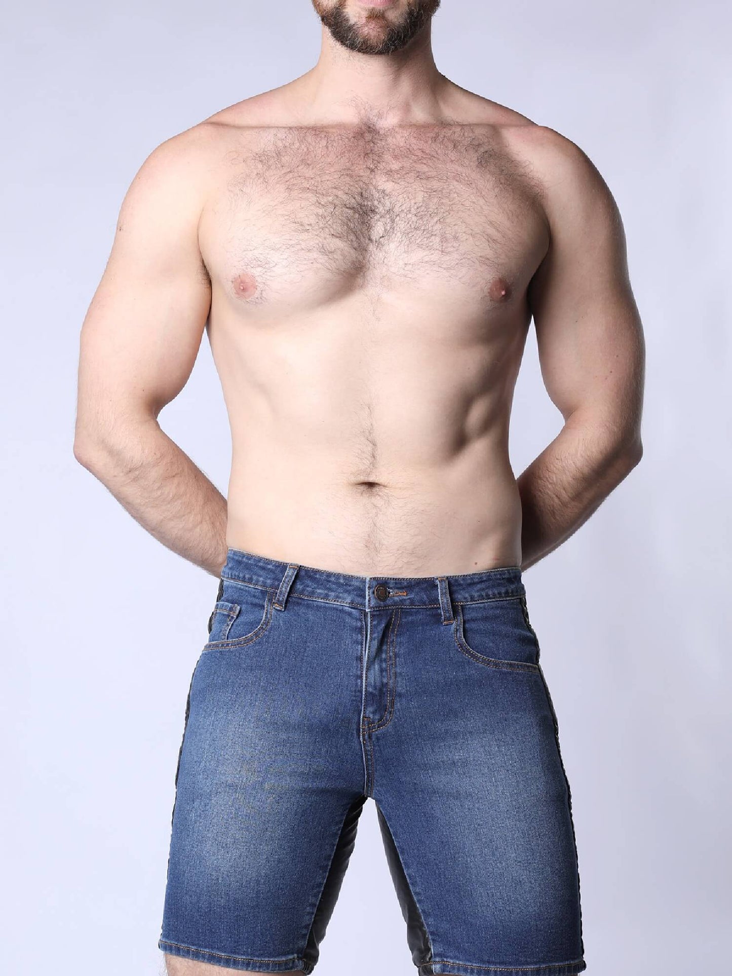 CellBlock13 Saddleback Stretch Fit Denim Shorts with Leatherett Saddle Panels & Side Tape