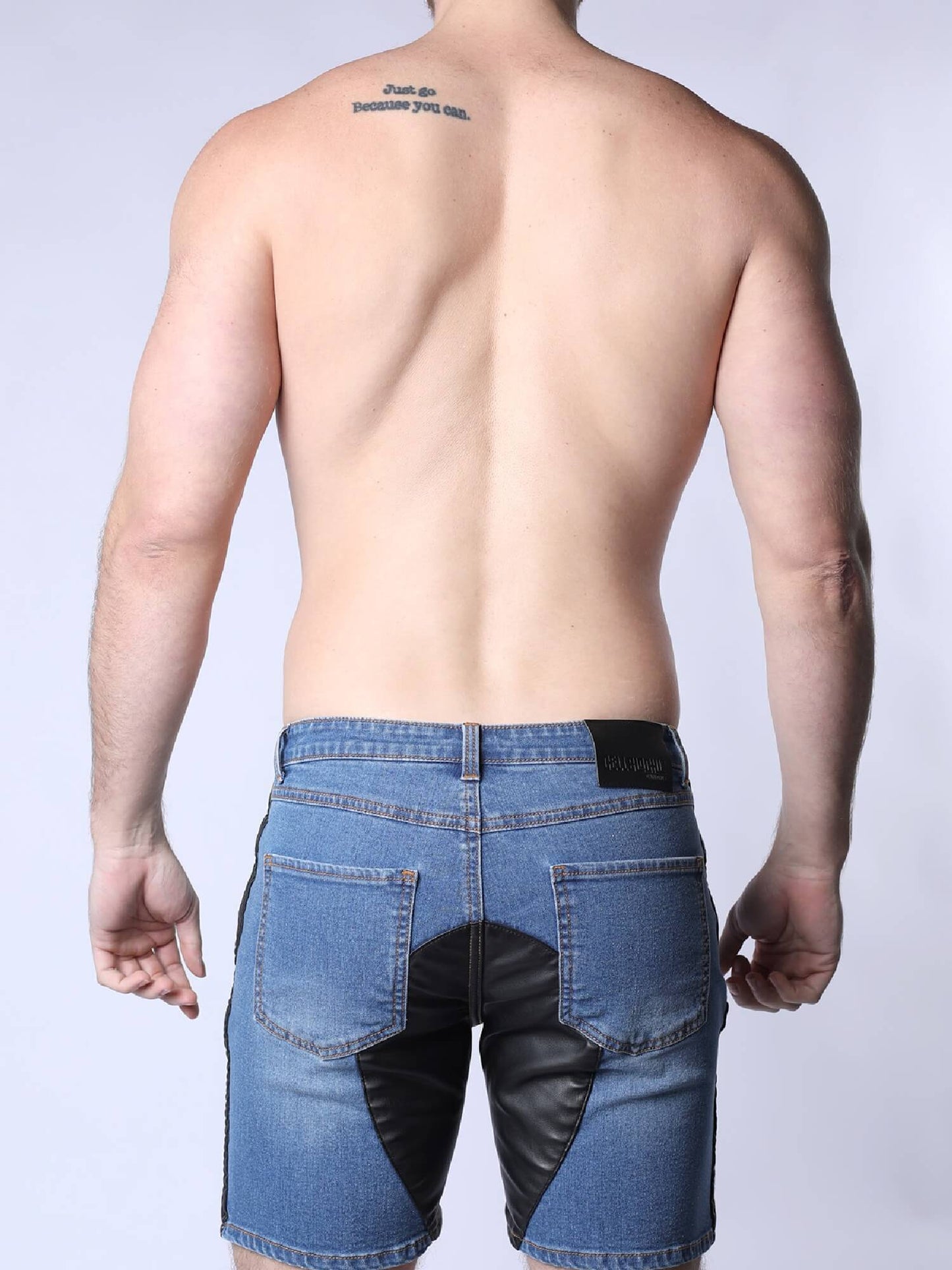 CellBlock13 Saddleback Stretch Fit Denim Shorts with Leatherett Saddle Panels & Side Tape