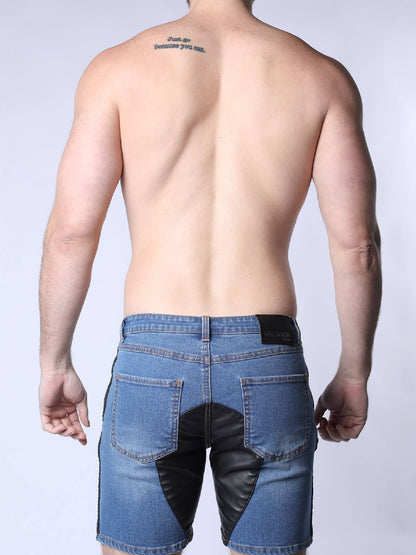 CellBlock13 Saddleback Stretch Fit Denim Shorts with Leatherett Saddle Panels & Side Tape