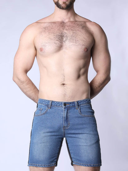 CellBlock13 Saddleback Stretch Fit Denim Shorts with Leatherett Saddle Panels & Side Tape