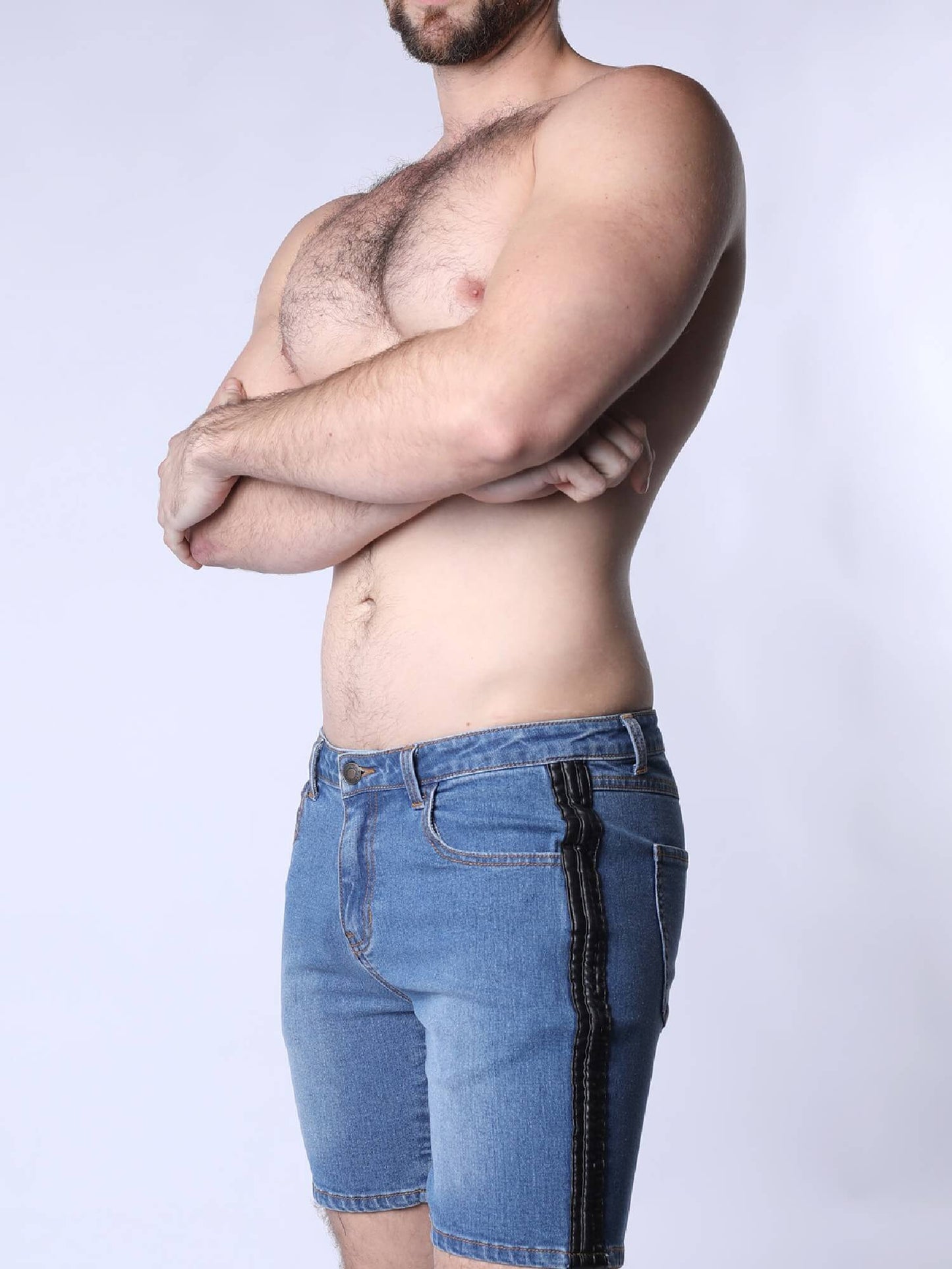 CellBlock13 Saddleback Stretch Fit Denim Shorts with Leatherett Saddle Panels & Side Tape