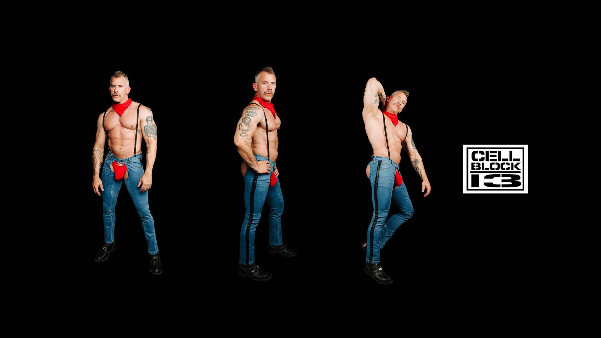Gay Man in blue chaps denim jeans and red bandana posing against a black background with 'Cell Block 13' logo.