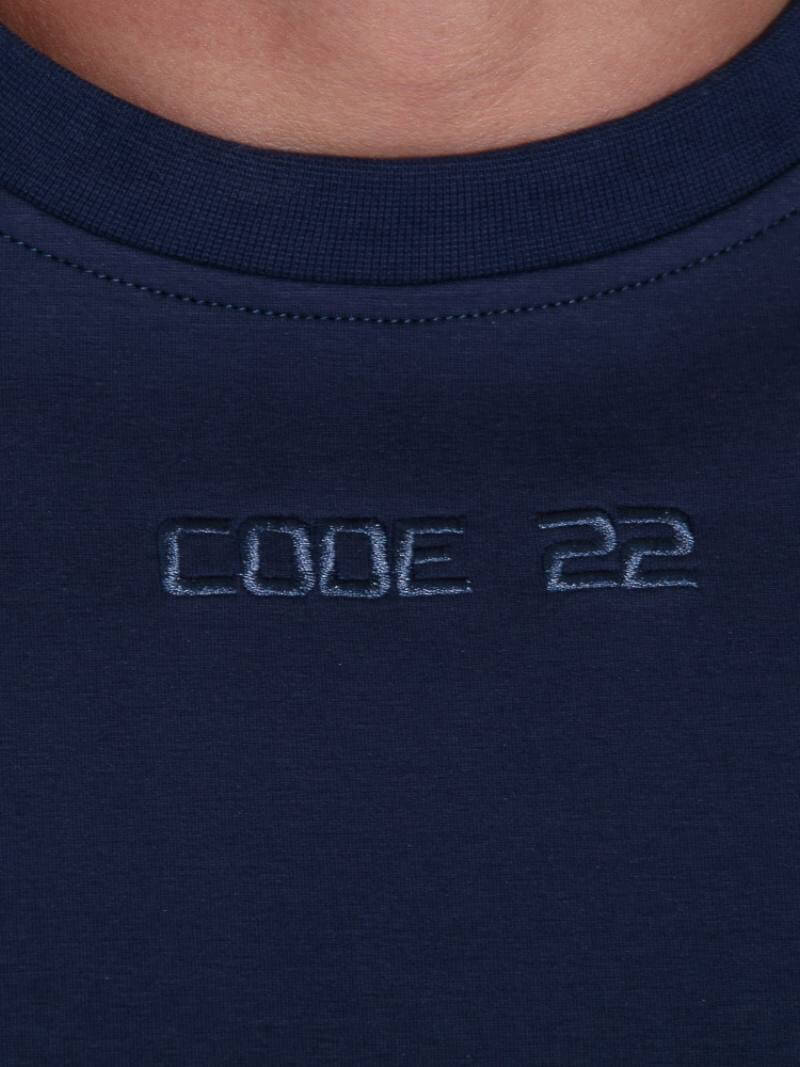 Navy blue fabric with 'CODE 22' embroidery