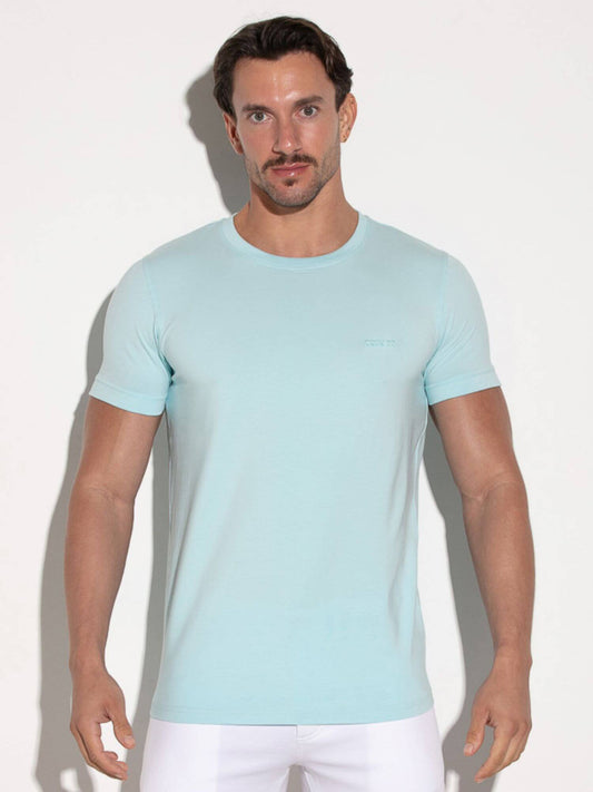 Man wearing a light blue t-shirt against a white background