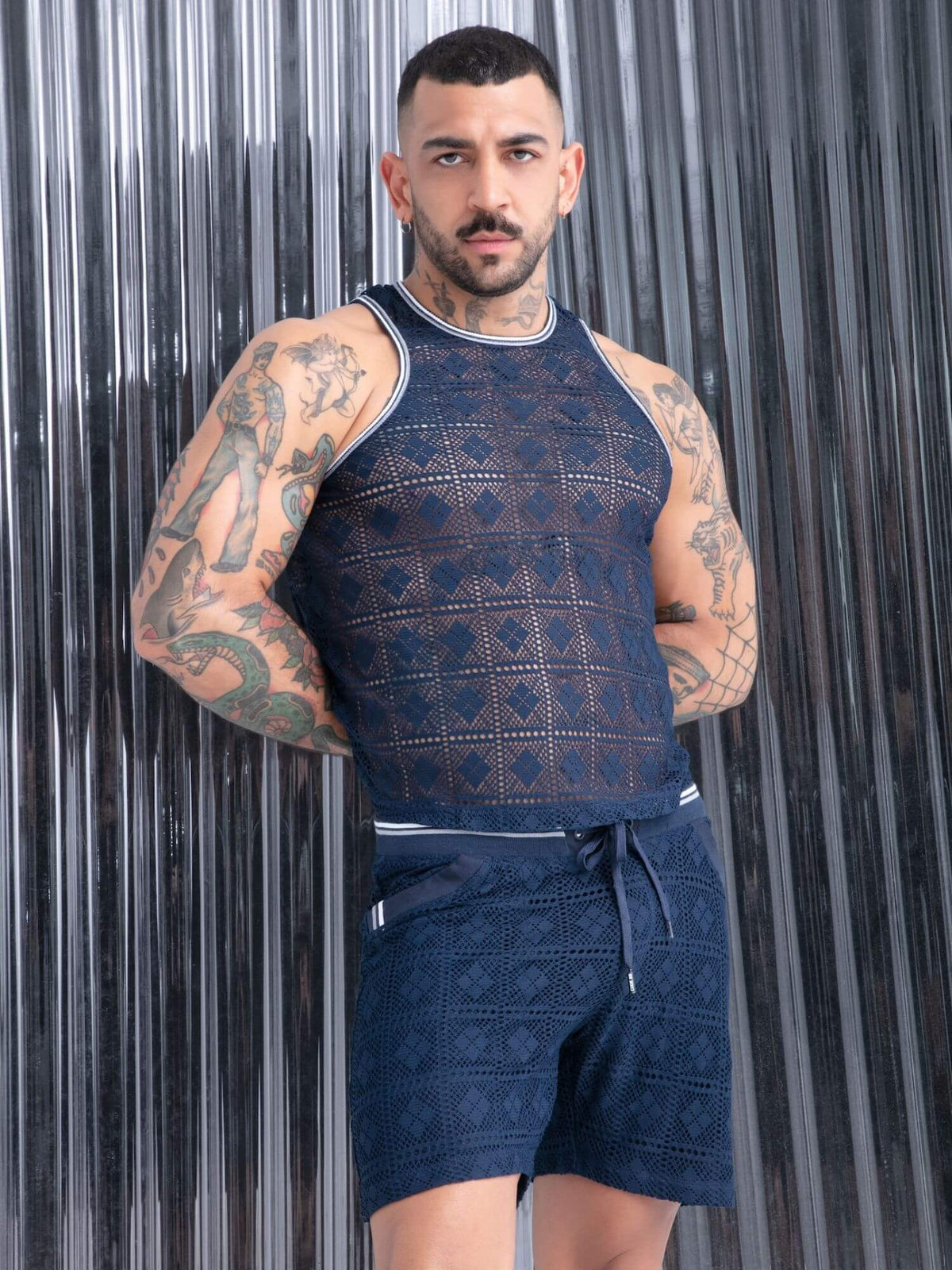 CODE 22 Graphic Lace navy menswear collection lifestyle photograph