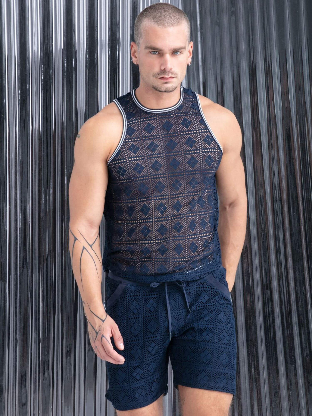 CODE 22 Graphic Lace navy menswear collection lifestyle photograph