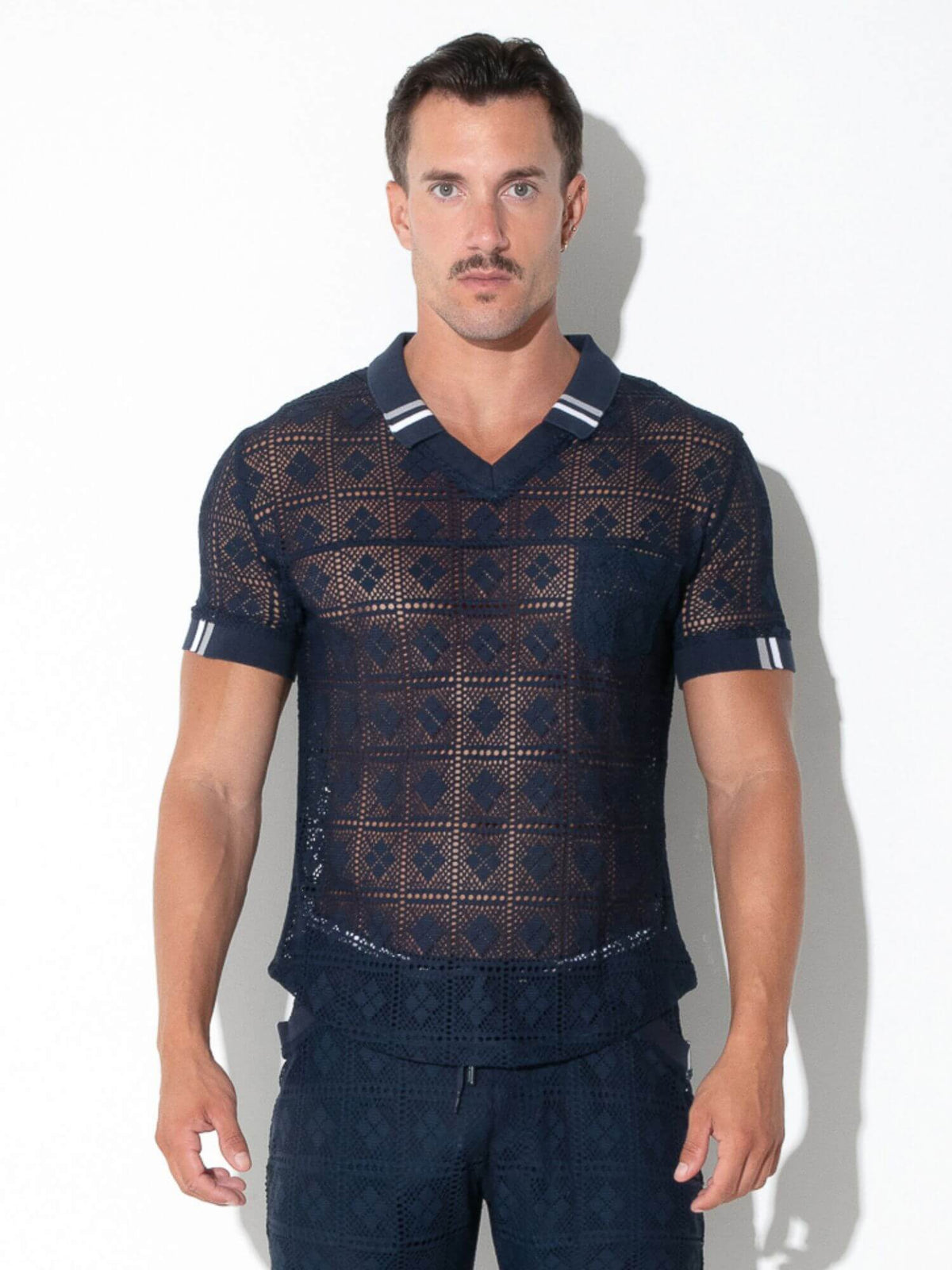 Front view of CODE 22 Graphic Lace Polo Shirt in navy