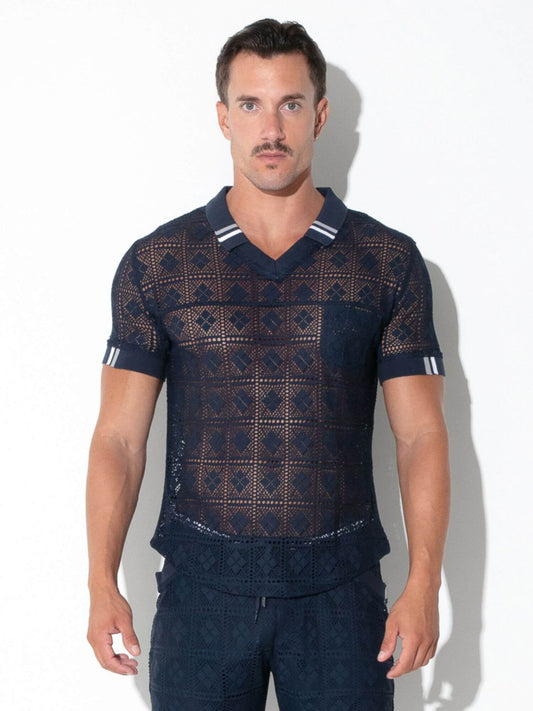 Front view of CODE 22 Graphic Lace Polo Shirt in navy