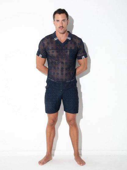 Full view of CODE 22 Graphic Lace Polo Shirt in navy