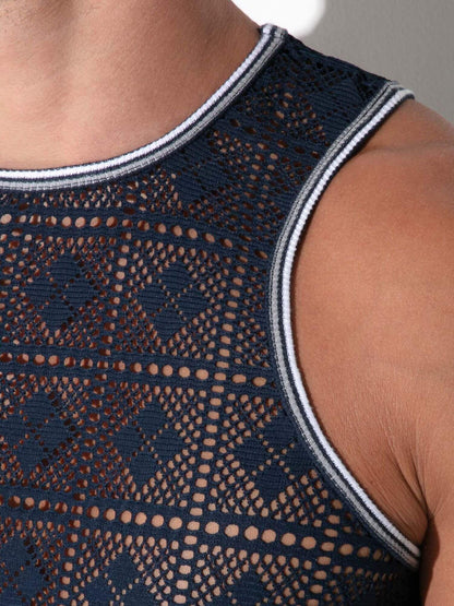 Close-up detail of CODE 22 Graphic Lace Tank Top in navy