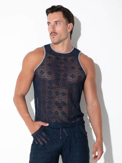Front view of CODE 22 Graphic Lace Tank Top in navy