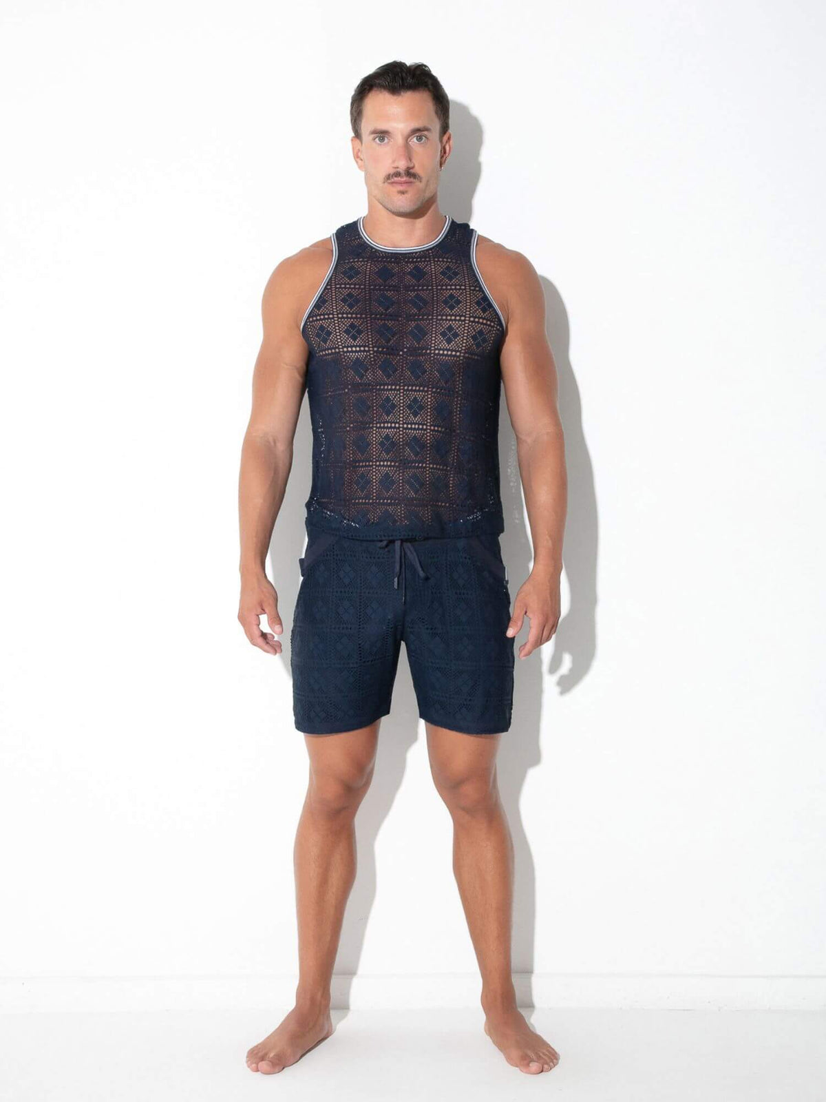 Full view of CODE 22 Graphic Lace Tank Top in navy