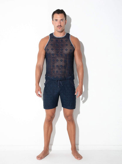 Full view of CODE 22 Graphic Lace Tank Top in navy