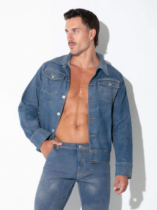 Model wearing CODE 22 Metallic denim jack with matching metallic denim jeans 