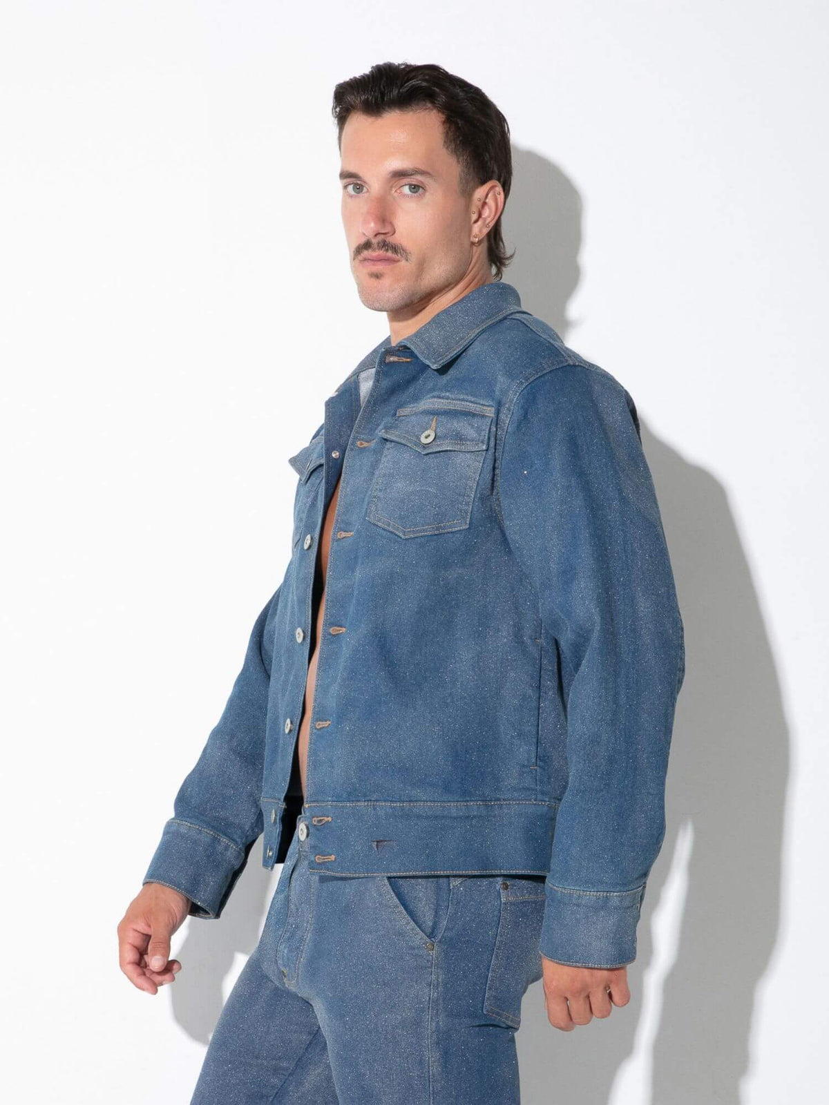 Side view of CODE 22 Metallic Denim Jacket in silver