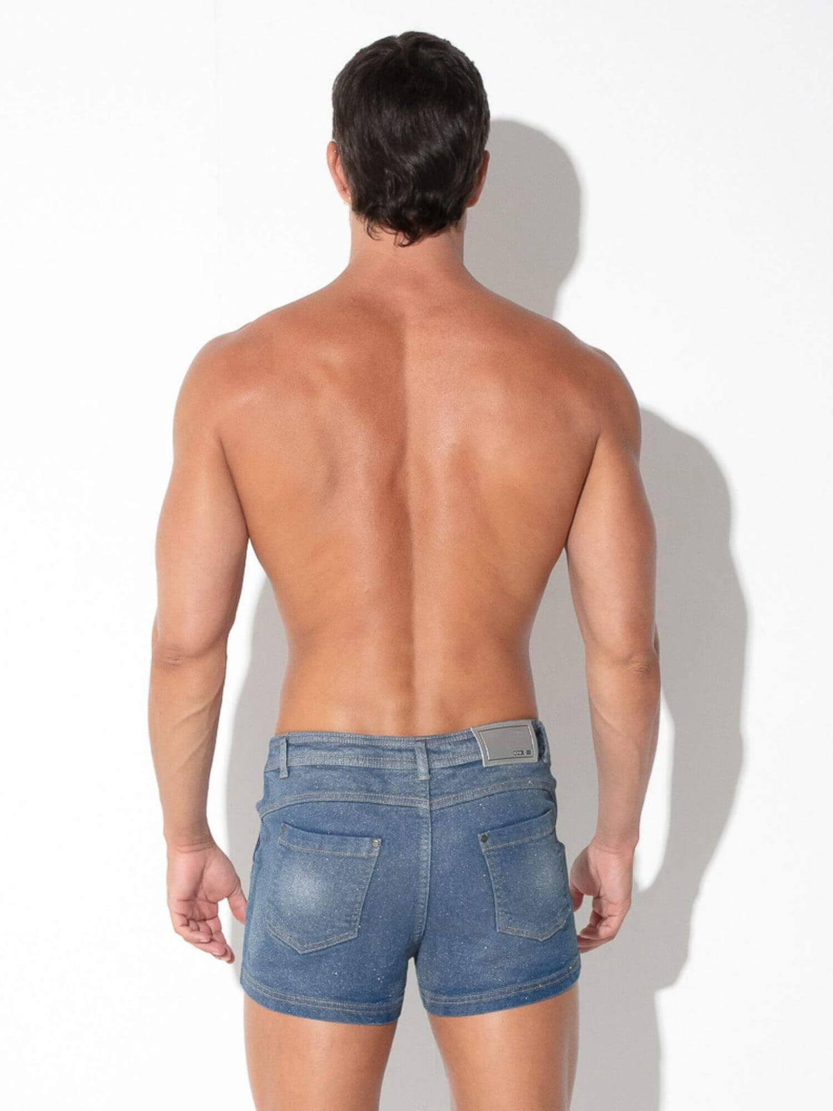Rear view of CODE 22 Metallic Denim Shorts in silver