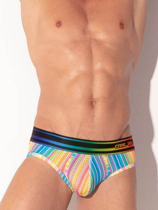 Multicolored men's underwear with a striped waistband on a plain background