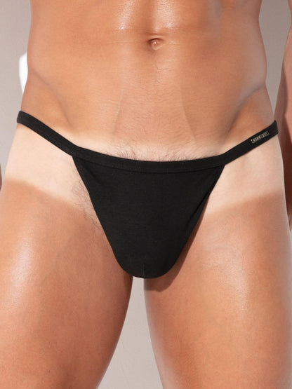 Close-up detail of CODE 22 Pure String men's underwear in black