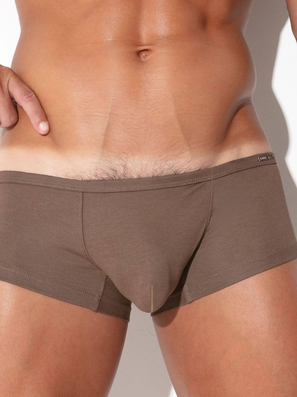 Close-up detail of CODE 22 Pure Sunga men's underwear in taupe
