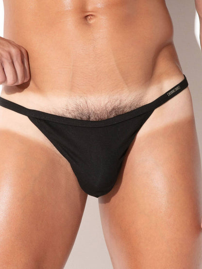 Close-up detail of CODE 22 Pure Thong men's underwear in black
