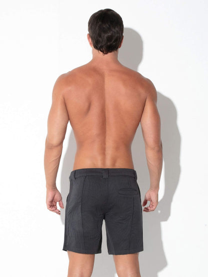 Rear view of CODE 22 Quilted Snap-Detail Shorts in charcoal