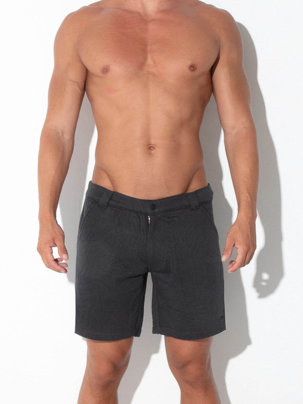 Front view of CODE 22 Quilted Snap-Detail Shorts in charcoal