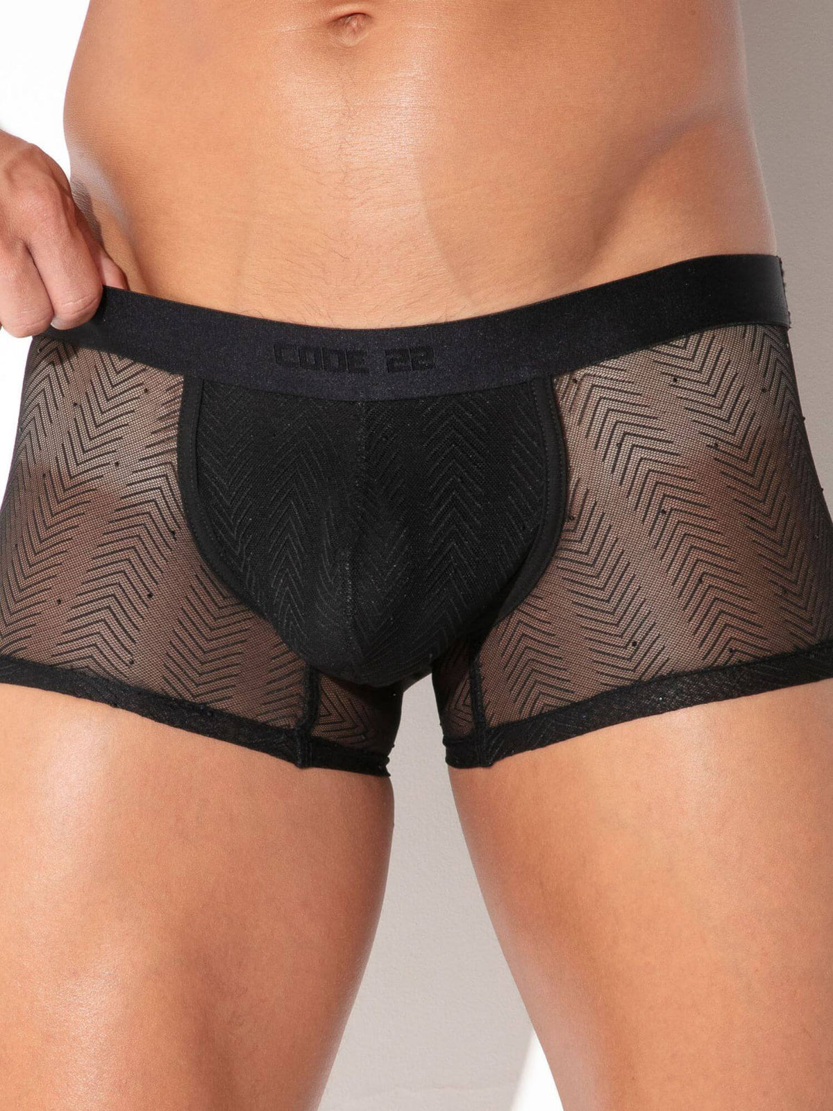 A close-up of a model wearing black mesh boxer briefs with a solid black pouch and waistband. The brand name 'CODE 22' is printed on the waistband.