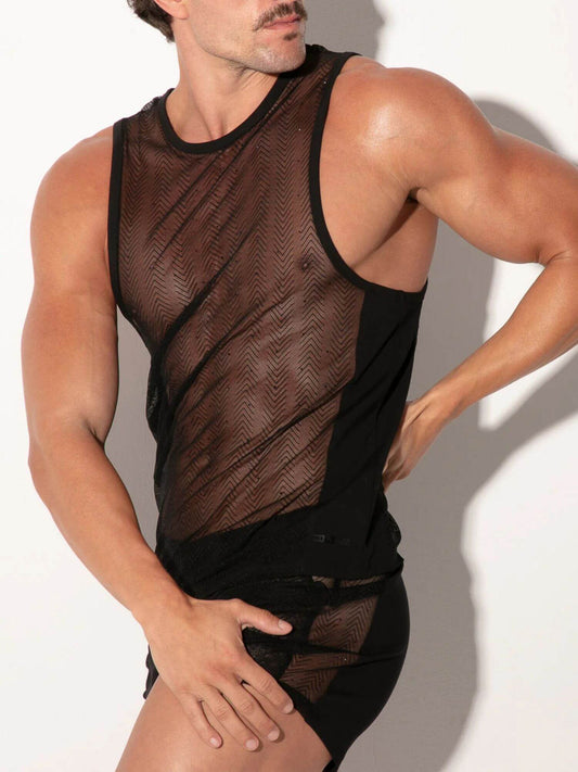 CODE 22 Rock Sheer Herringbone Mesh Tank Top with Black Diamond Accents