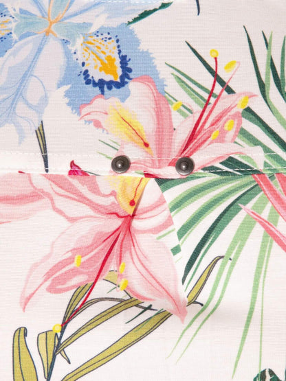 Colorful floral design with pink flowers and green leaves on a white background