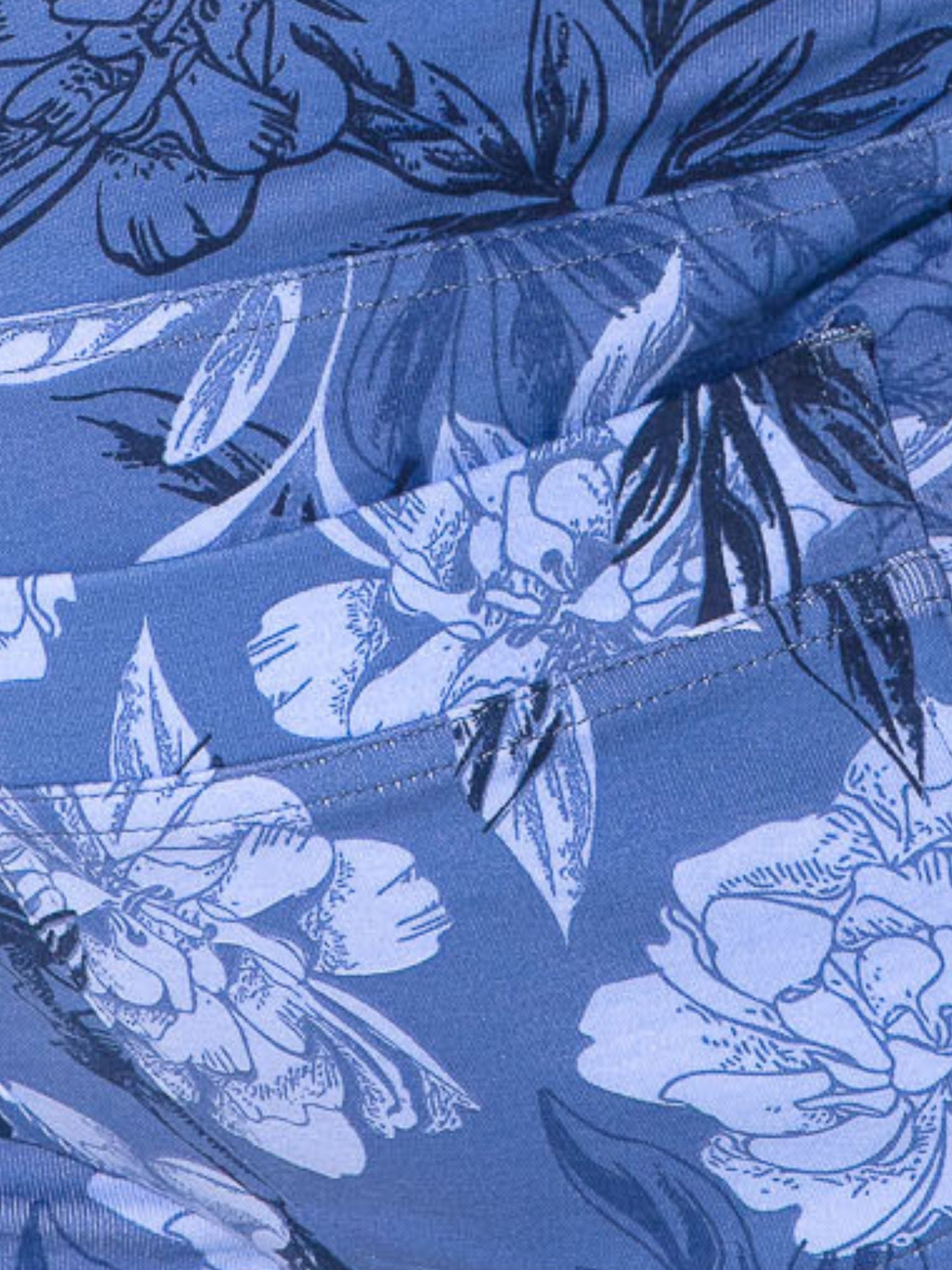 Close-up of blue floral fabric with a focus on stitching details
