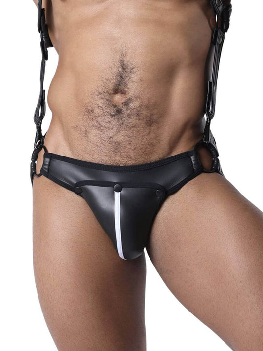 A neoprene jockstrap with matte black body and red contrast trim, featuring a removable pouch, metal O-rings, and adjustable straps.