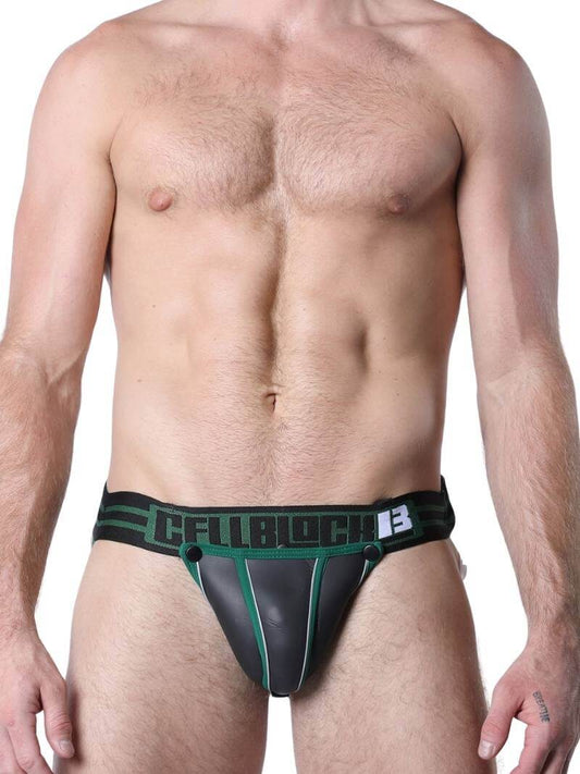 This image features the CellBlock13 Mercury Neoprene Jockstrap, designed with both functionality and style in mind. The jockstrap is crafted from smooth, stretchy neoprene rubber and comes in a versatile black color with contrasting colored spandex piping and straps in shades of red and blue.