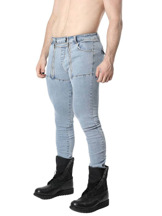 A person wearing a pair of dark blue denim jeans with visible leather branded patch and metal buttons. The jeans feature a zippered front and multiple pockets.