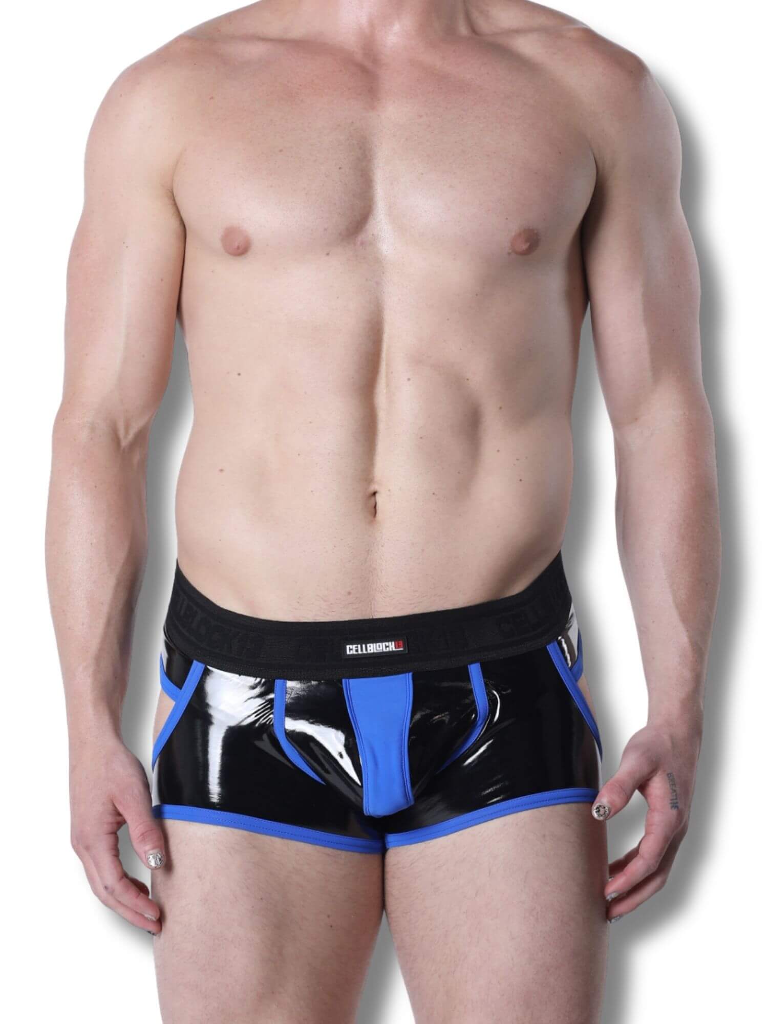 Man wearing black and blue jock trunk on a white background