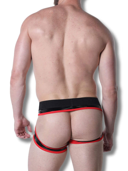 Man wearing a black and red men's underwear on a white background
