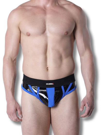 Man wearing a black and blue thong on a white background