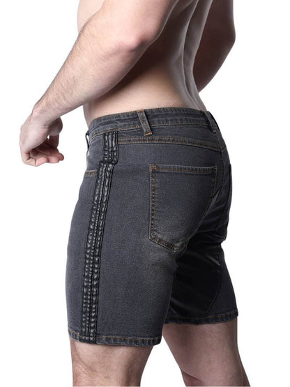 CellBlock13 Saddleback Stretch Fit Denim Shorts with Leatherette Panels